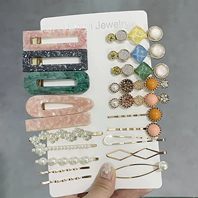 Alt view image 3 of 7 - 20 PCS Pearls and Acrylic Resin Hair Clips, Handmade Hair Barrettes, Marble Alligator bobby pins, Glitter Crystal Geometric Hairpin, Elegant Gold Hair Accessories, Gifts for Women Girls