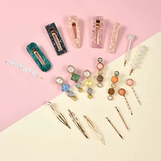 Alt view image 4 of 7 - 20 PCS Pearls and Acrylic Resin Hair Clips, Handmade Hair Barrettes, Marble Alligator bobby pins, Glitter Crystal Geometric Hairpin, Elegant Gold Hair Accessories, Gifts for Women Girls