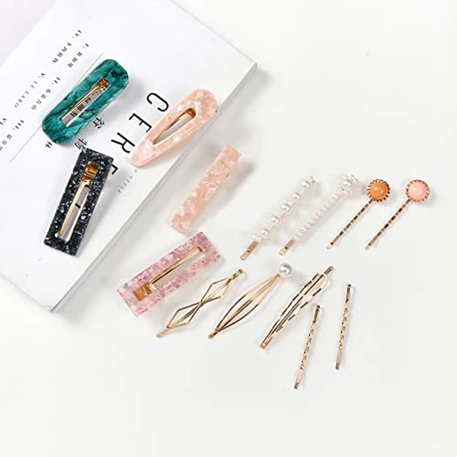 Alt view image 5 of 7 - 20 PCS Pearls and Acrylic Resin Hair Clips, Handmade Hair Barrettes, Marble Alligator bobby pins, Glitter Crystal Geometric Hairpin, Elegant Gold Hair Accessories, Gifts for Women Girls