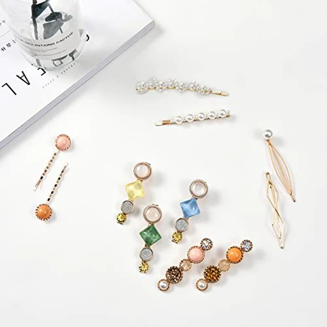 Alt view image 6 of 7 - 20 PCS Pearls and Acrylic Resin Hair Clips, Handmade Hair Barrettes, Marble Alligator bobby pins, Glitter Crystal Geometric Hairpin, Elegant Gold Hair Accessories, Gifts for Women Girls