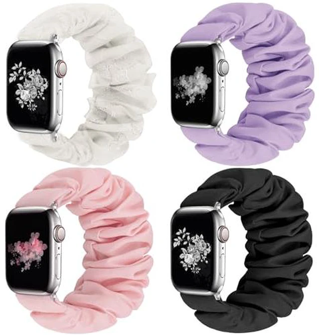 Alt view image 2 of 6 - 4 Pack Scrunchie Band Compatible with Apple Watch Bands 38mm 40mm 41mm 42mm 44mm 45mm 46mm 49mm Women, Scrunchy Bracelet Strap for iWatch Series 11 10 9 8 7 6 5 4 3 2 1 SE 3 2 1