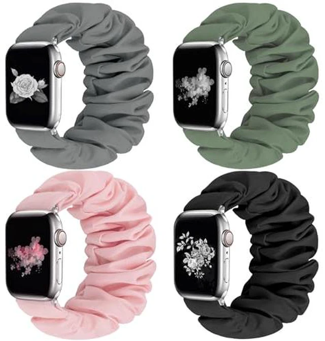 Alt view image 3 of 6 - 4 Pack Scrunchie Band Compatible with Apple Watch Bands 38mm 40mm 41mm 42mm 44mm 45mm 46mm 49mm Women, Scrunchy Bracelet Strap for iWatch Series 11 10 9 8 7 6 5 4 3 2 1 SE 3 2 1