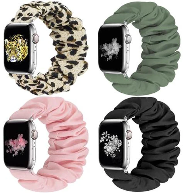 Alt view image 4 of 6 - 4 Pack Scrunchie Band Compatible with Apple Watch Bands 38mm 40mm 41mm 42mm 44mm 45mm 46mm 49mm Women, Scrunchy Bracelet Strap for iWatch Series 11 10 9 8 7 6 5 4 3 2 1 SE 3 2 1