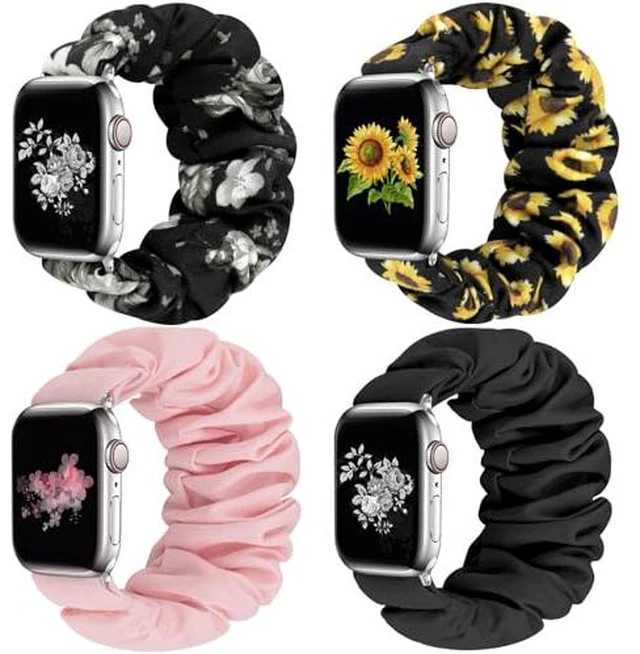 Alt view image 5 of 6 - 4 Pack Scrunchie Band Compatible with Apple Watch Bands 38mm 40mm 41mm 42mm 44mm 45mm 46mm 49mm Women, Scrunchy Bracelet Strap for iWatch Series 11 10 9 8 7 6 5 4 3 2 1 SE 3 2 1