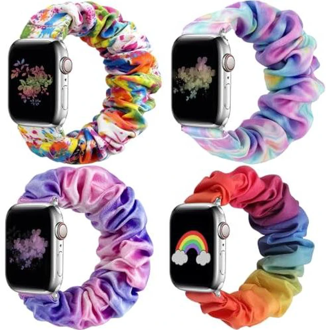 Alt view image 6 of 6 - 4 Pack Scrunchie Band Compatible with Apple Watch Bands 38mm 40mm 41mm 42mm 44mm 45mm 46mm 49mm Women, Scrunchy Bracelet Strap for iWatch Series 11 10 9 8 7 6 5 4 3 2 1 SE 3 2 1