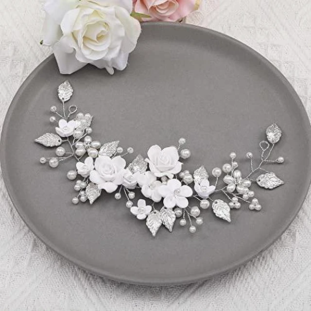 Alt view image 3 of 7 - Flower Bride Wedding Hair Vine Pearl Bridal Hair Piece Leaf Hair Accessories Rhinestone Headband for Women (9inches) (Silver)