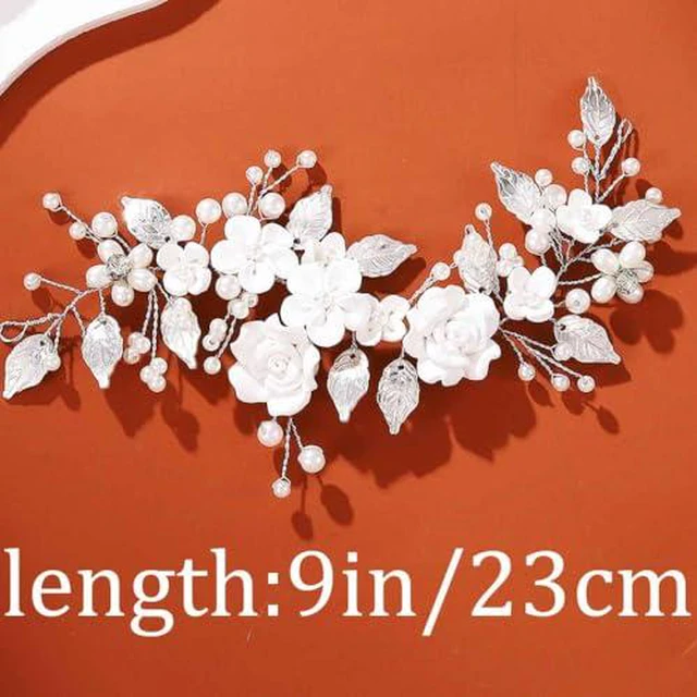 Alt view image 4 of 7 - Flower Bride Wedding Hair Vine Pearl Bridal Hair Piece Leaf Hair Accessories Rhinestone Headband for Women (9inches) (Silver)