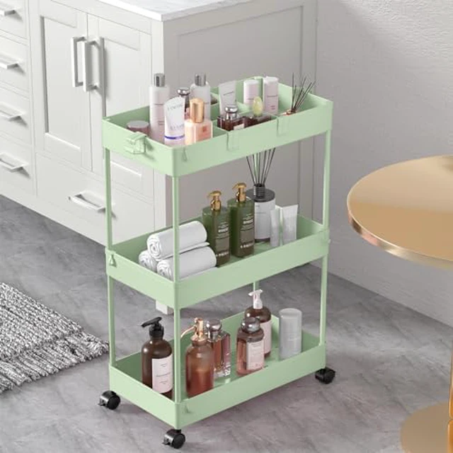Alt view image 2 of 6 - 3 Tier Rolling Cart with Wheels, Storage Craft Art Trolley Organizer Serving, 3 Hanging Baskets Easy Assembly, for Office, Living Room, Kitchen, Green