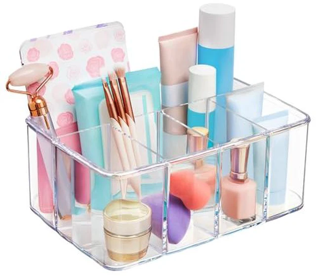 Alt view image 2 of 5 - 5-Compartment Clear Plastic Organizer | Rectangular Divided Makeup and Vanity Storage Bin and Office Desk Caddy | Scalloped Wall Design | Made in USA