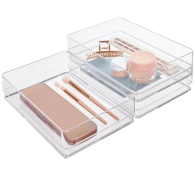 Alt view image 2 of 2 - SimpleSort 3-Piece Stackable Clear Drawer Organizer Set | 9" x 6" x 2" Rectangle Trays | Wide Makeup Vanity Storage Bins and Office Desk Drawer Dividers | Made in USA