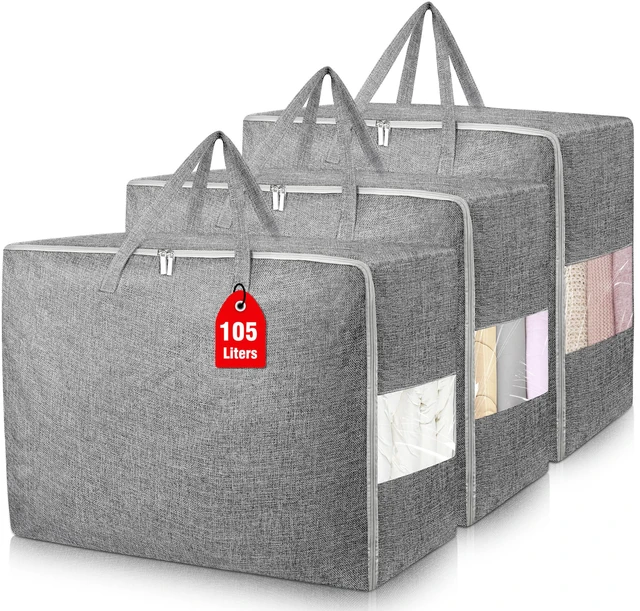 Main image of 105L Extra Large Storage Bags, Folding Moving Comforter Blanket Storage Bags Closet Organizers and Storage Containers for Clothes with Strong Handles&Zippers Clear Window for Bedding Pillow Grey 3