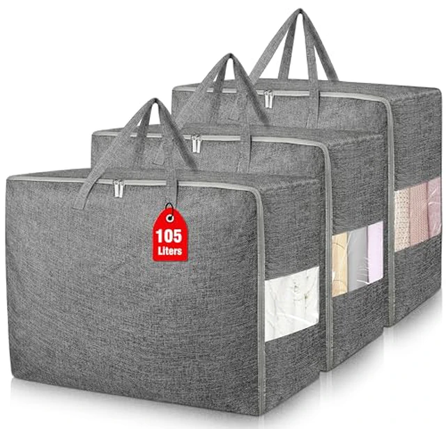 Alt view image 4 of 4 - 105L Extra Large Storage Bags, Folding Moving Comforter Blanket Storage Bags Closet Organizers and Storage Containers for Clothes with Strong Handles&Zippers Clear Window for Bedding Pillow Grey 3