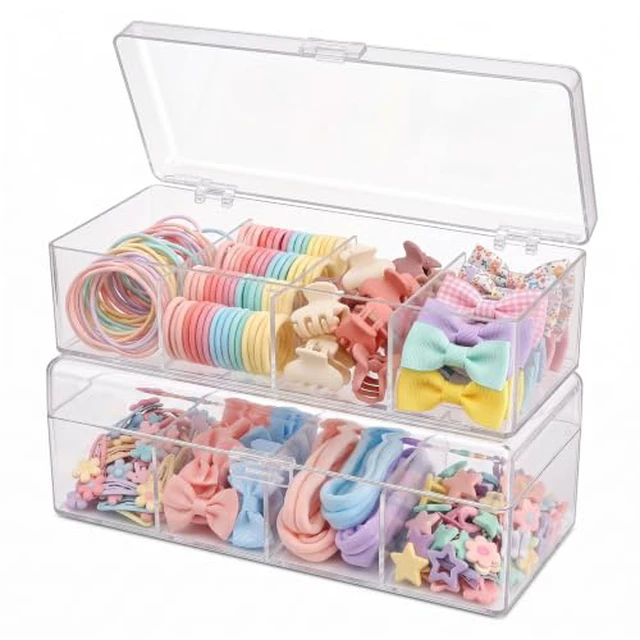 Alt view image 3 of 6 - Hair Accessories Organizer for Girls, Acrylic Hair Bow Tie Clip Scrunchie Holder with Dividers, Clear Stackable Storage Box for Bathroom, Bedroom, Vanity Countertop (4 Compartment)
