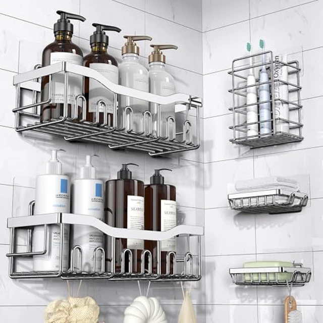 Alt view image 3 of 5 - Adhesive Shower Caddy, 5 Pack Rustproof Stainless Steel Bath Organizers With Large Capacity, No Drilling Shelves for Bathroom Storage & Home Decor