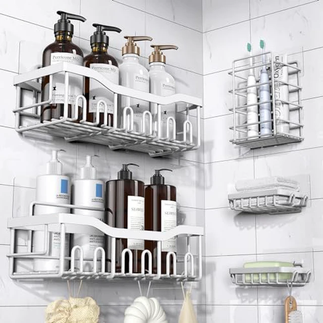 Alt view image 4 of 5 - Adhesive Shower Caddy, 5 Pack Rustproof Stainless Steel Bath Organizers With Large Capacity, No Drilling Shelves for Bathroom Storage & Home Decor