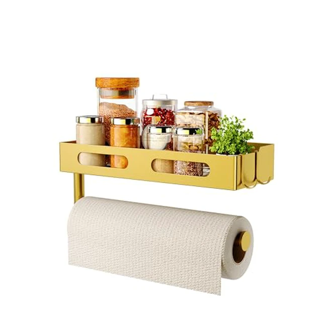 Alt view image 5 of 5 - Paper Towel Holder Wall Mount for Kitchen, Paper Towel Holder with Shelf for Bathroom, RV Paper Towel Rack, Spice Rack with 2 Hooks,Matte Black