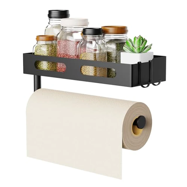 Alt view image 2 of 5 - Paper Towel Holder Wall Mount for Kitchen, Paper Towel Holder with Shelf for Bathroom, RV Paper Towel Rack, Spice Rack with 2 Hooks,Matte Black