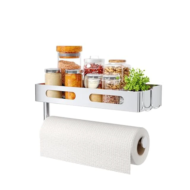 Alt view image 3 of 5 - Paper Towel Holder Wall Mount for Kitchen, Paper Towel Holder with Shelf for Bathroom, RV Paper Towel Rack, Spice Rack with 2 Hooks,Matte Black