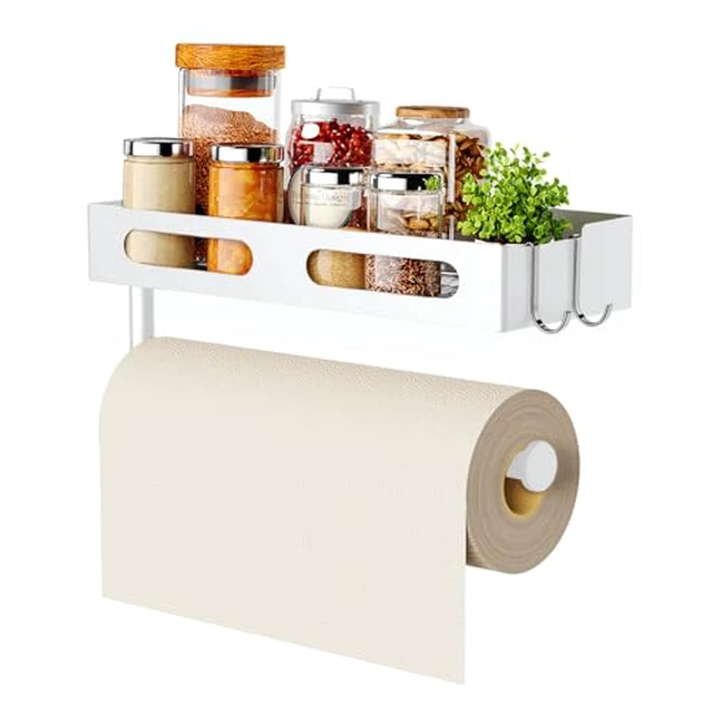Alt view image 4 of 5 - Paper Towel Holder Wall Mount for Kitchen, Paper Towel Holder with Shelf for Bathroom, RV Paper Towel Rack, Spice Rack with 2 Hooks,Matte Black