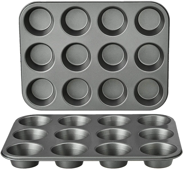 Main image of Nonstick Muffin Pan, Set of 2, Sturdy, Oven Safe, Bakes Evenly, Easy to Clean, 12 Cups, Gray, 13.9x10.55x1.22"
