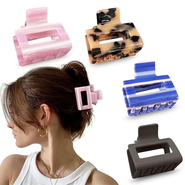 Alt view image 6 of 6 - Checkered Tortoise Hair Clips for Women - 4Pcs 2" Small Acetate Claw Barrettes for Thick & Thin Hair
