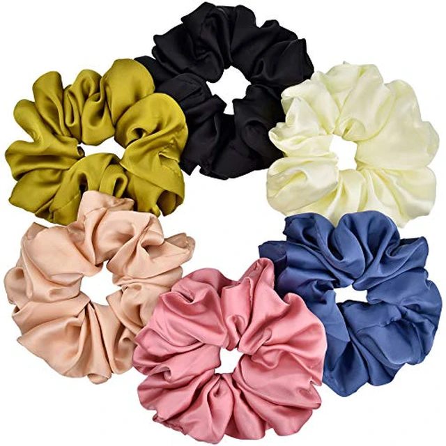 Alt view image 7 of 7 - Big Real Silk Scrunchies for Women 6.3Inches Large Scrunchie Satin Oversized Silk Thick Elastic Hair Ties Jumbo Hair Scrunchies 6 Pack (Black,White,Pink, Champagne,Navy,Yellow)