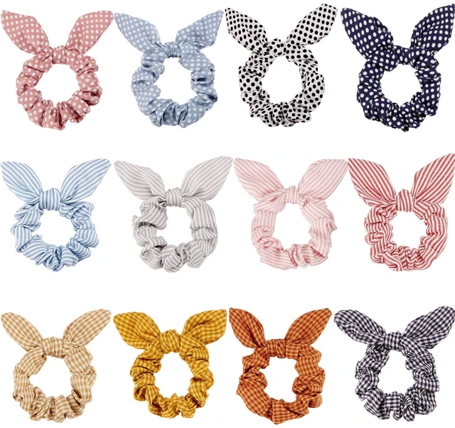 Main image of 12 Pcs Bow Scrunchies Bunny Ear Elastic Hair Ties Women,Wave Point