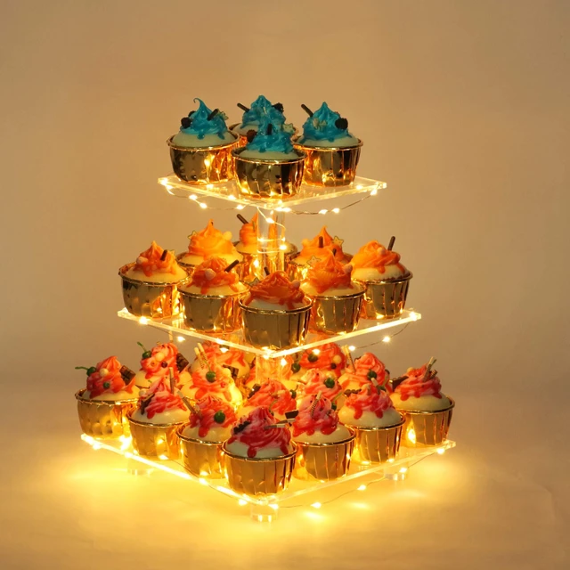 Main image of 3 Tier Cupcake Stand with Yellow LED String Light for 24 Cupcakes