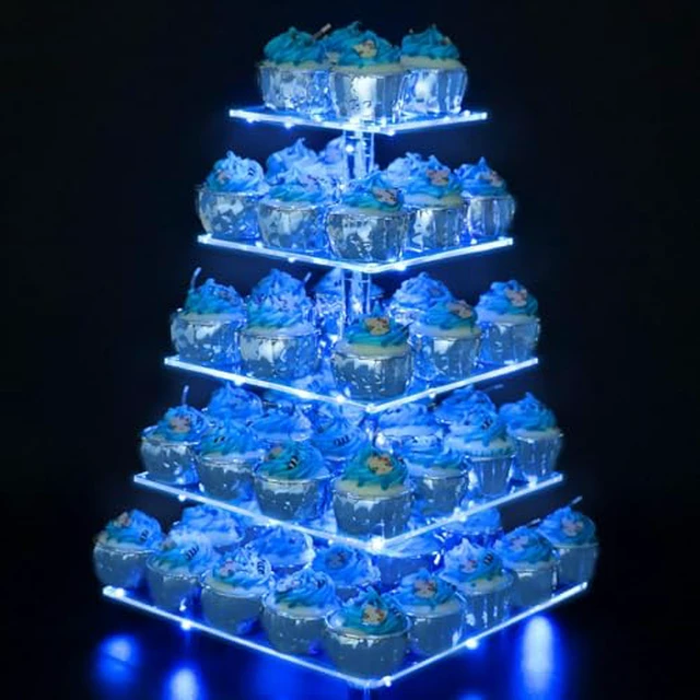 Alt view image 3 of 5 - 3 Tier Cupcake Stand with Yellow LED String Light for 24 Cupcakes