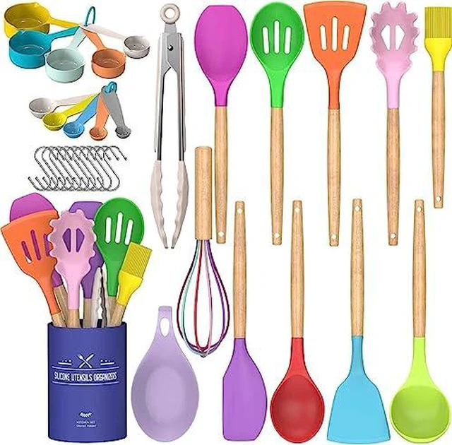 Alt view image 3 of 5 - Kitchen Cooking Utensils Set, 33 pcs Non-Stick Silicone Cooking Kitchen Utensils Spatula Set with Holder, Wooden Handle Silicone Kitchen Gadgets Utensil Set (Khaki)