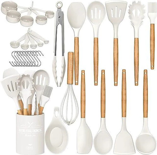 Alt view image 4 of 5 - Kitchen Cooking Utensils Set, 33 pcs Non-Stick Silicone Cooking Kitchen Utensils Spatula Set with Holder, Wooden Handle Silicone Kitchen Gadgets Utensil Set (Khaki)