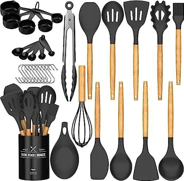 Alt view image 2 of 5 - Kitchen Cooking Utensils Set, 33 pcs Non-Stick Silicone Cooking Kitchen Utensils Spatula Set with Holder, Wooden Handle Silicone Kitchen Gadgets Utensil Set (Khaki)
