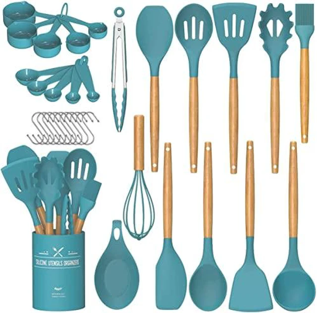 Alt view image 5 of 5 - Kitchen Cooking Utensils Set, 33 pcs Non-Stick Silicone Cooking Kitchen Utensils Spatula Set with Holder, Wooden Handle Silicone Kitchen Gadgets Utensil Set (Khaki)