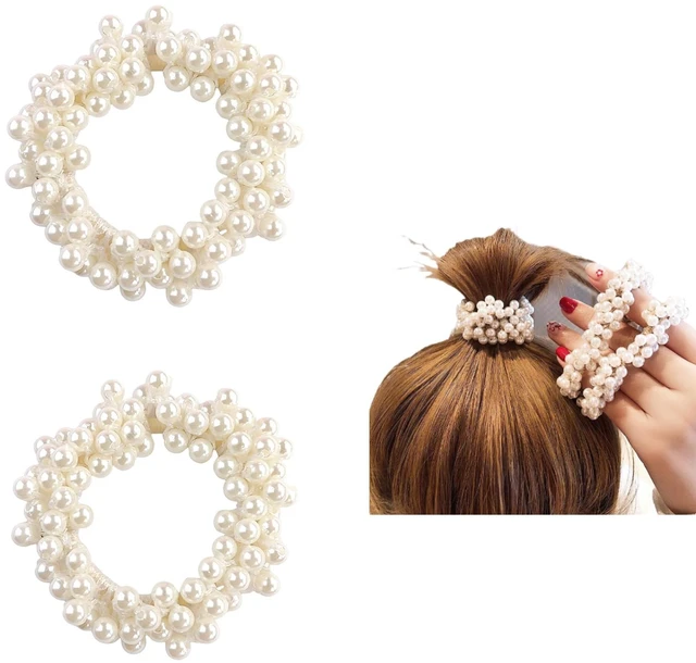 Main image of Pearl Hair Scrunchies, Elastic Hair Ties, Beaded Ponytail Holders for Women, Cream White, 2 Pack