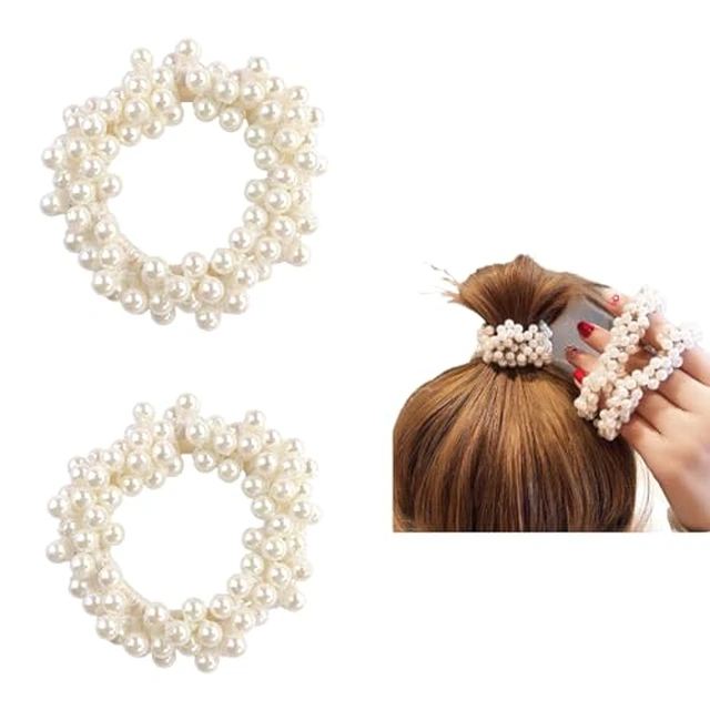 Alt view image 2 of 7 - Pearl Hair Scrunchies, Elastic Hair Ties, Beaded Ponytail Holders for Women, Cream White, 2 Pack
