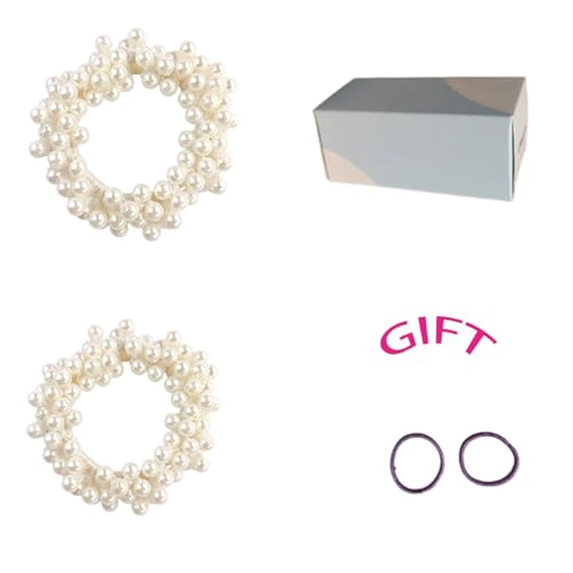 Alt view image 5 of 7 - Pearl Hair Scrunchies, Elastic Hair Ties, Beaded Ponytail Holders for Women, Cream White, 2 Pack