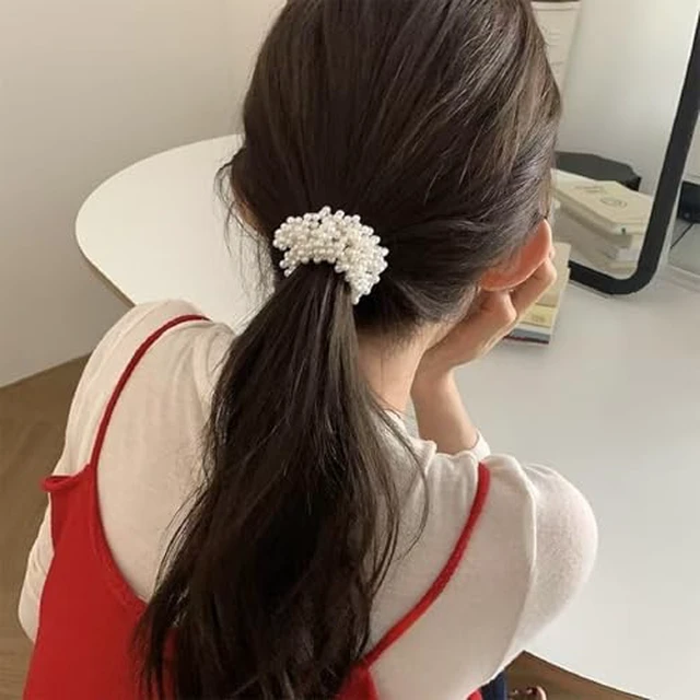 Alt view image 6 of 7 - Pearl Hair Scrunchies, Elastic Hair Ties, Beaded Ponytail Holders for Women, Cream White, 2 Pack