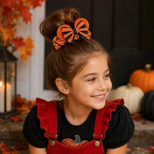 Alt view image 7 of 7 - Halloween Velvet Mouse Ear Hair Scrunchies Pumpkin Spider Bow Ponytail Holders Festival Costume Hair Accessories for Women Girls (halloween set)
