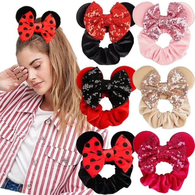 Alt view image 7 of 7 - 6 Pack Mouse Ears Scrunchies Sequin Mouse Bows Ponytail Holders for Girls