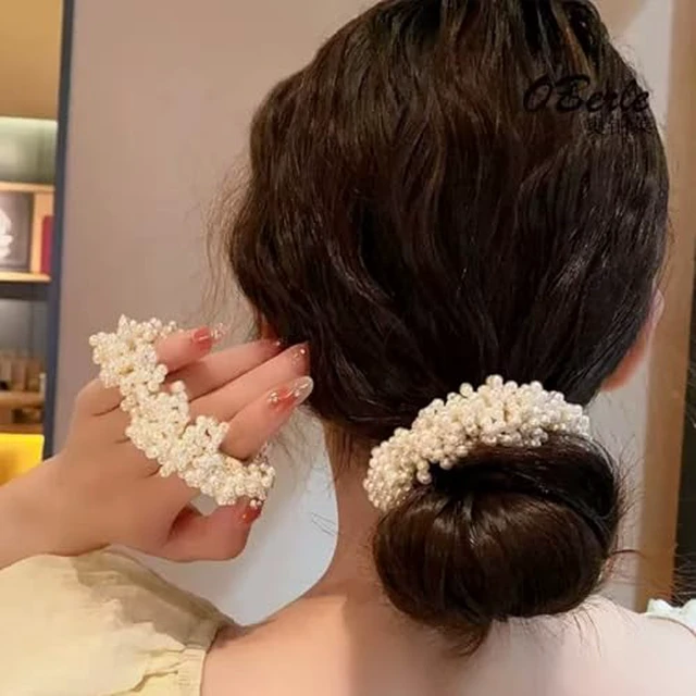 Alt view image 3 of 7 - Pearl Hair Scrunchies, Elastic Hair Ties, Beaded Ponytail Holders for Women, Cream White, 2 Pack