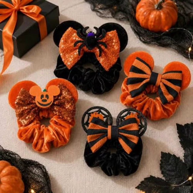 Alt view image 6 of 7 - Halloween Velvet Mouse Ear Hair Scrunchies Pumpkin Spider Bow Ponytail Holders Festival Costume Hair Accessories for Women Girls (halloween set)