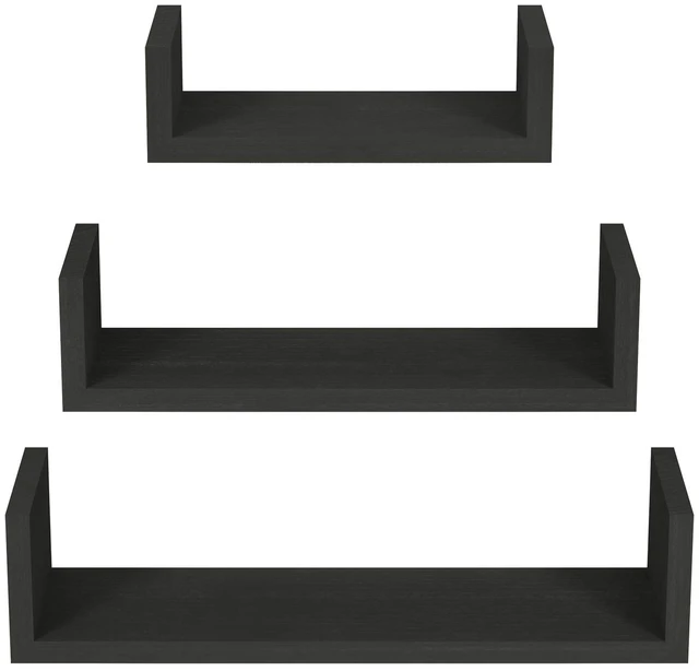 Main image of Black Floating Shelves, Set of 3 Solid Wood Wall Mounted Shelves