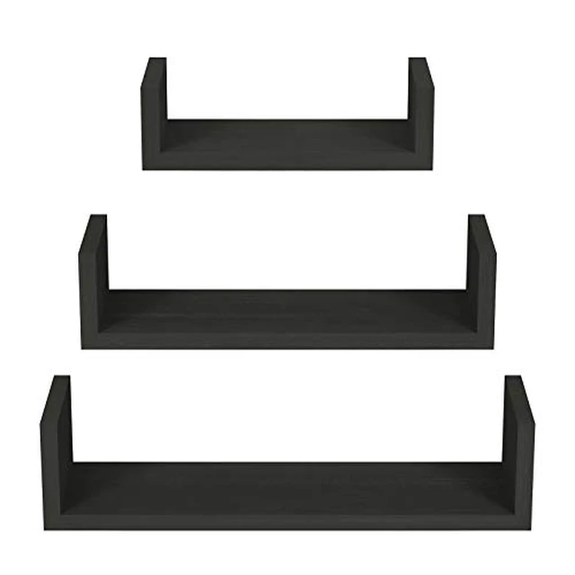Alt view image 2 of 5 - Black Floating Shelves, Set of 3 Solid Wood Wall Mounted Shelves