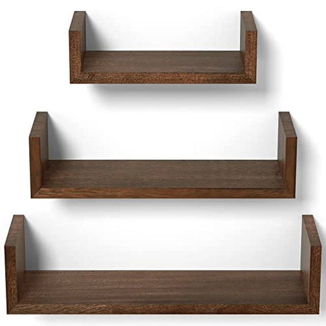 Alt view image 4 of 5 - Black Floating Shelves, Set of 3 Solid Wood Wall Mounted Shelves