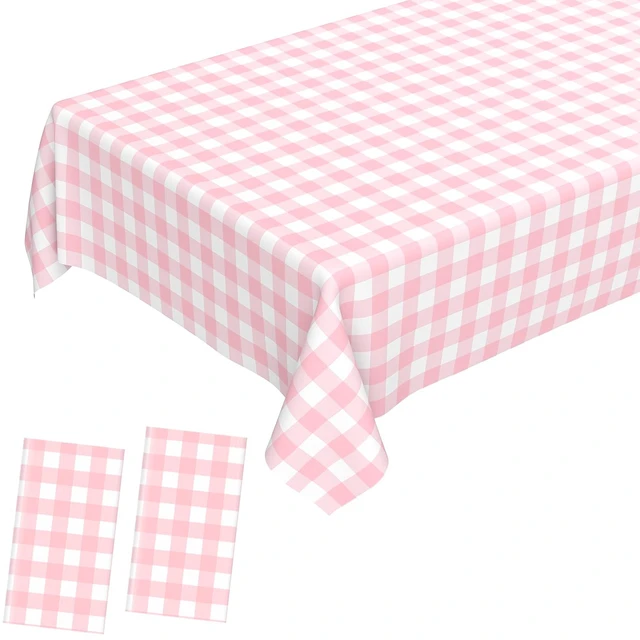 Main image of 2 Pcs Pink Gingham Tablecloth, Disposable Plastic Pink Checkered Table Cloth, Pink & White Plaid Table Cover for Outdoor Picnic, Wedding, Baby & Bridal Shower, Birthday Party (54 x 108 Inch)