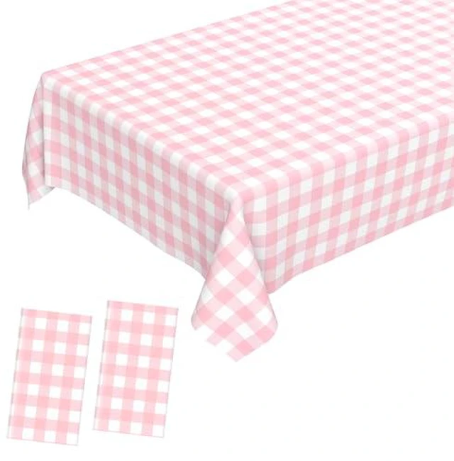 Alt view image 2 of 5 - 2 Pcs Pink Gingham Tablecloth, Disposable Plastic Pink Checkered Table Cloth, Pink & White Plaid Table Cover for Outdoor Picnic, Wedding, Baby & Bridal Shower, Birthday Party (54 x 108 Inch)