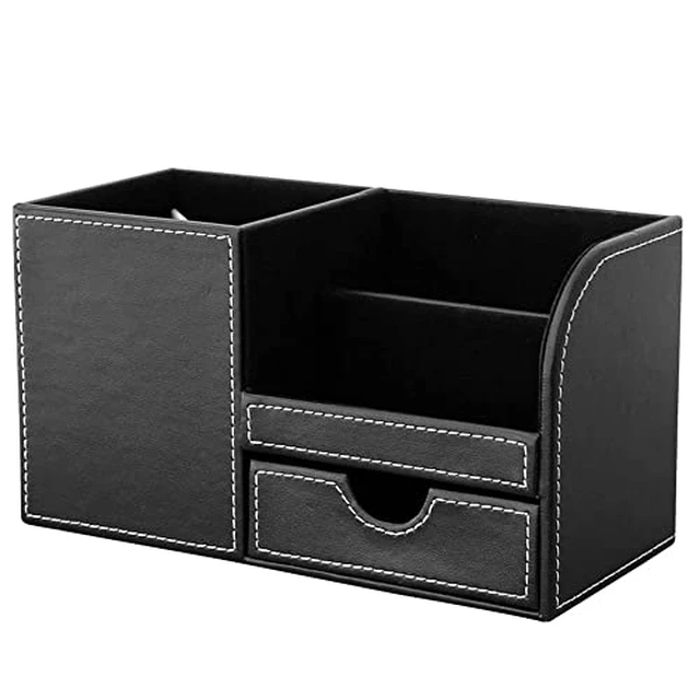 Alt view image 2 of 6 - Desk Organizer Office Supplies Caddy Pu Leather Multi-function Storage Box Pen/Pencil,Cell phone, Business Name Cards Remote Control Holder with Small Drawer Black