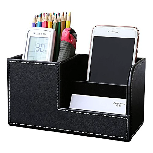 Alt view image 3 of 6 - Desk Organizer Office Supplies Caddy Pu Leather Multi-function Storage Box Pen/Pencil,Cell phone, Business Name Cards Remote Control Holder with Small Drawer Black