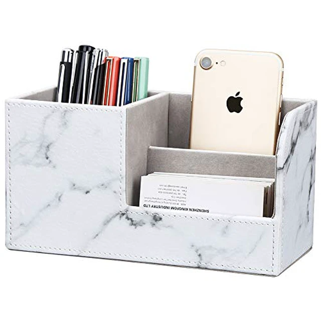 Alt view image 4 of 6 - Desk Organizer Office Supplies Caddy Pu Leather Multi-function Storage Box Pen/Pencil,Cell phone, Business Name Cards Remote Control Holder with Small Drawer Black