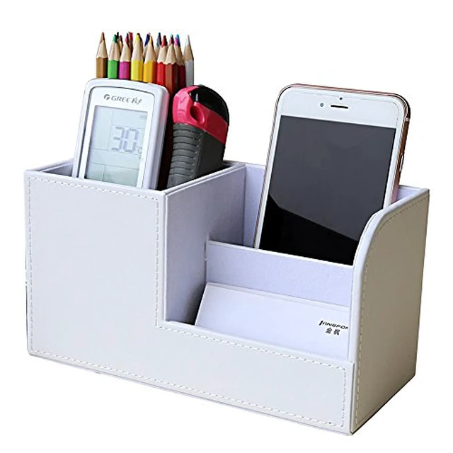 Alt view image 5 of 6 - Desk Organizer Office Supplies Caddy Pu Leather Multi-function Storage Box Pen/Pencil,Cell phone, Business Name Cards Remote Control Holder with Small Drawer Black